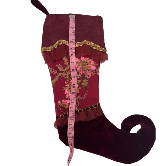 Christmas Holiday Stocking Victorian Inspired Satin Velvet Sequined Floral - Picture 5 of 9
